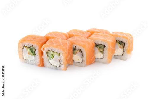 Sushi Philadelphia with shrimp on a white background