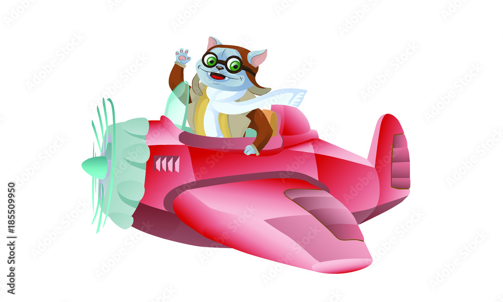 Cute funny animal pilot characters flying on airplane - cat and raccoon,  cartoon vector illustration with space for text. Little baby cat and  raccoon characters flying on airplane. Magnificent cat Avi Stock