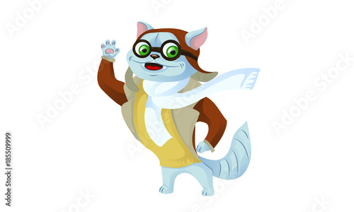 Cute funny animal pilot characters flying on airplane - cat and raccoon, cartoon vector illustration with space for text. Little baby cat and raccoon characters flying on airplane. Magnificent cat Avi