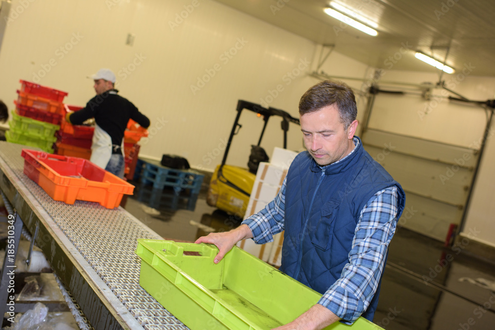 Man with empty crate on conveyor Man with empty crate on conveyor