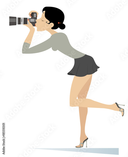 Photographer young woman isolated on white illustration. Funny photographer or paparazzi woman makes a shot
