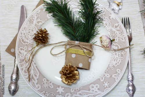 plate, bump, branch, spruce, new year, dinner, fork, knife, napkin