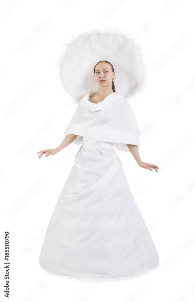 Girl in white long dress and big hat.