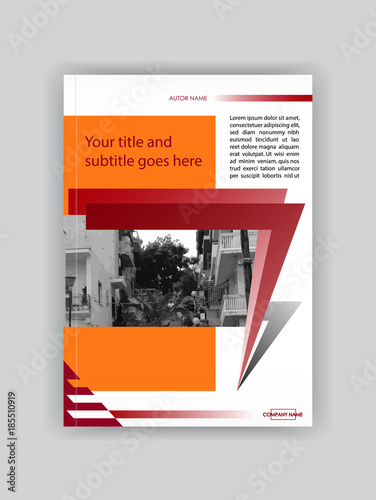 Red orange Cover design booklet template, book, magazine, flyer, banner, brochure. Place for text for business and financial reports. City background.