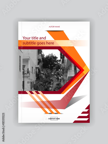 Red orange Cover design booklet template, book, magazine, flyer, banner, brochure. Place for text for business and financial reports. City background.