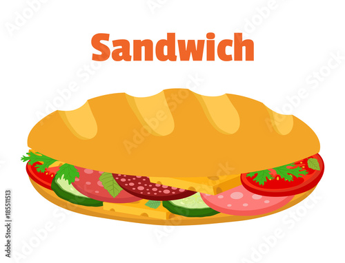 Sandwich, breakfast fast food. Cartoon flat style. Vector illustration