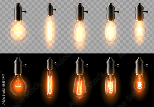 A set of old, classic, retro incandescent bulbs of different shapes. On a transparent and black background. Suitable for a cafe, bar, restaurant. Creates a cosiness. eps 10