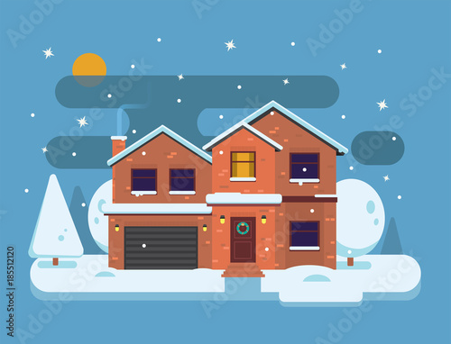 Winter landscape. Snowy village and nature - house with snowfall. Merry Christmas and Happy New Year vector backgrounds in flat style.