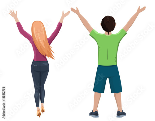 Boy and girl from the back. Rear view of young couple. Backside view of person. Isolated vector illustration of cartoon characters with raised hands on white background.