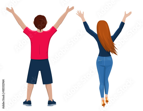 Boy and girl from the back. Rear view of young couple. Backside view of person. Isolated vector illustration of cartoon characters with raised hands on white background.