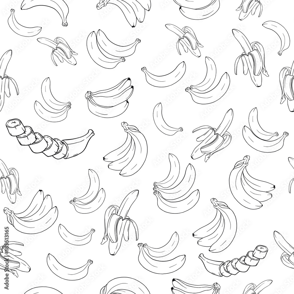 Vector pattern of many bananas. Line art. Isolated on white background.