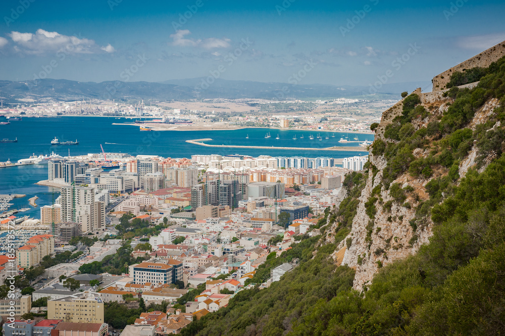 United Kingdom Gibraltar panorama view to the ocean with tankers and ships from high point
