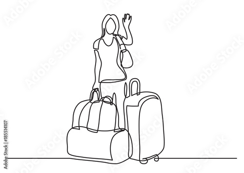 continuous line drawing of woman traveler standing with bags waving