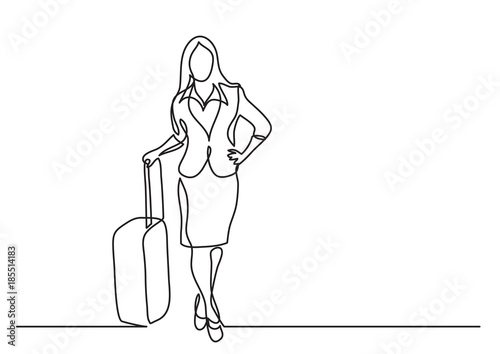 continuous line drawing of business traveler standing with bag on wheels