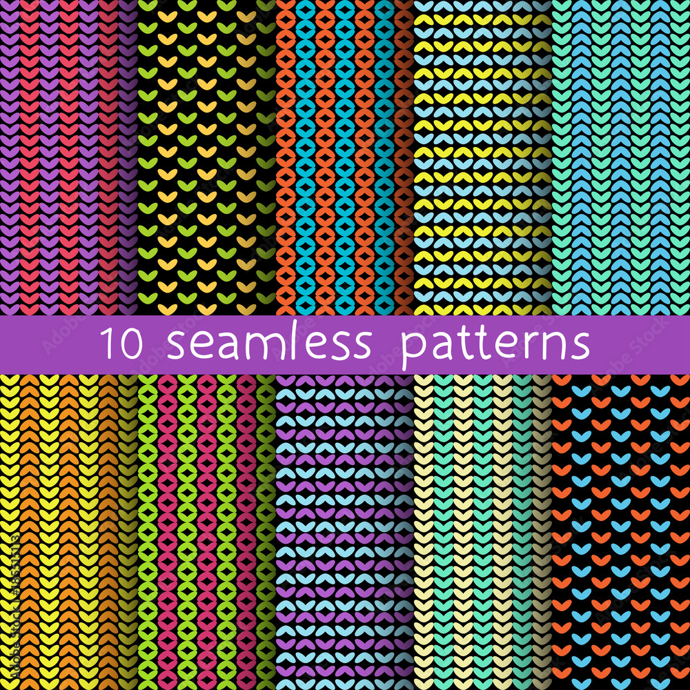 10 vector seamless patterns on black background. Texture for wallpaper, fills, web page background.