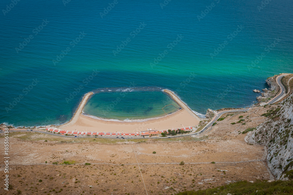 United Kingdom Gibraltar panorama view to the ocean with tankers and ships from high point