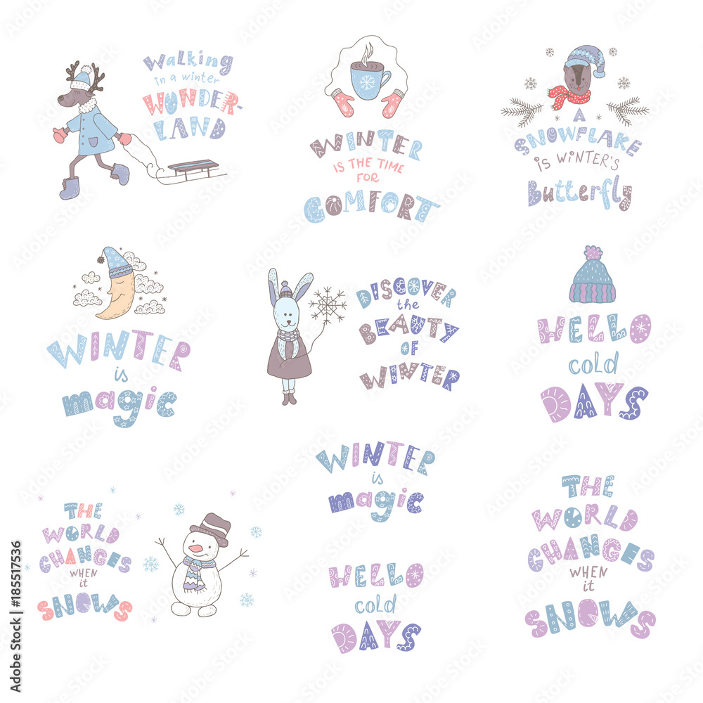 Set of cute animals and winter quotes. Nursery art. Minimalist scandinavian style. Character for kids card, print for t-shirt and more. Set of cute animals and winter quotes. Nursery art. Minimalist scandinavian style. Character for kids card, print for t-shirt and more.