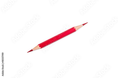 Small red pencil sharpened on both sides, isolated on white background