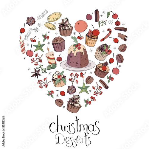 Heart made of different christmas winter desserts, sweets and food. Design template for restaurant and cafe menu.