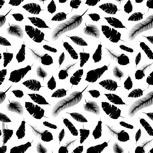 Different elegant feather silhouettes, seamless pattern on white