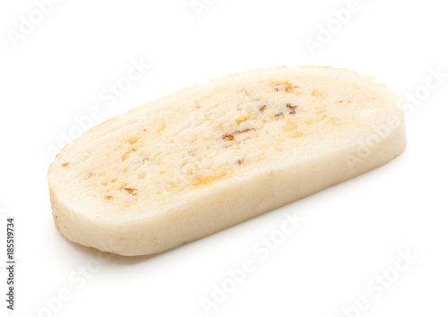 Marzipan isolated on white background rum almonds taste creamy roll piece.