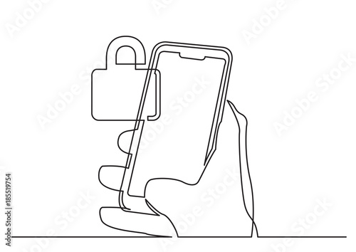 continuous line drawing of hand using modern mobile phone with security lock © OneLineStock