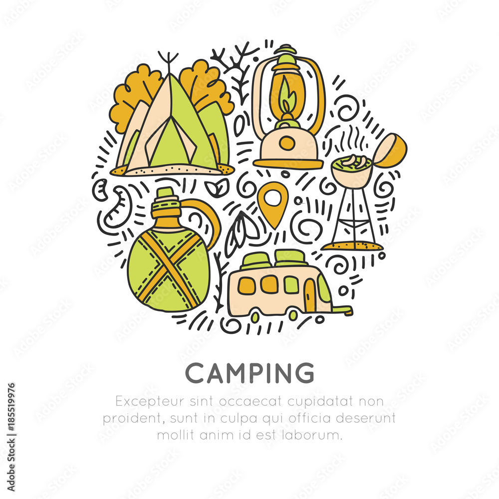 Camping vector hand draw concept, tent, lamp, caravaning rv icons in circle form with decorative elements. Sketched doodle travel and outroor camping adventure in woods and mountains