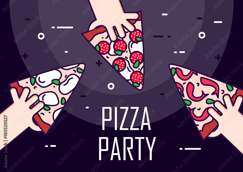 Illustration with hands and slices of pizza of different flavors. Vector banner for fast food. Thin line flat design. Invitation to pizza party.