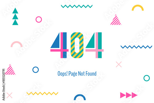 Page with a 404 error in the popular memphis style. Template reports that the page is not found. Digit and geometric elements isolated on white background