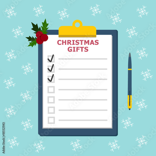 Clipboard with gifts checklist. Christmas gifts list concept. Christmas shopping concept. List with check marks and checkboxes. Illustration