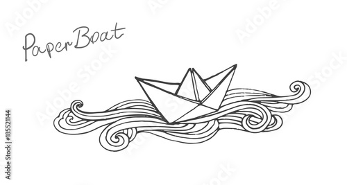 Vector black and white doodle paper ship boat illustration.
