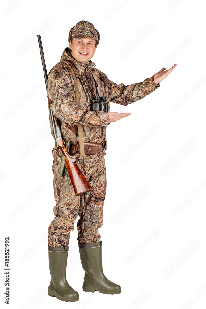 male hunter with double barreled shotgun Isolated on white background. hunting and people concept. male hunter with double barreled shotgun Isolated on white background. hunting and people concept.