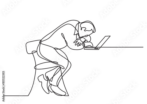 continuous line drawing of depressed businessman sitting bihind laptop computer