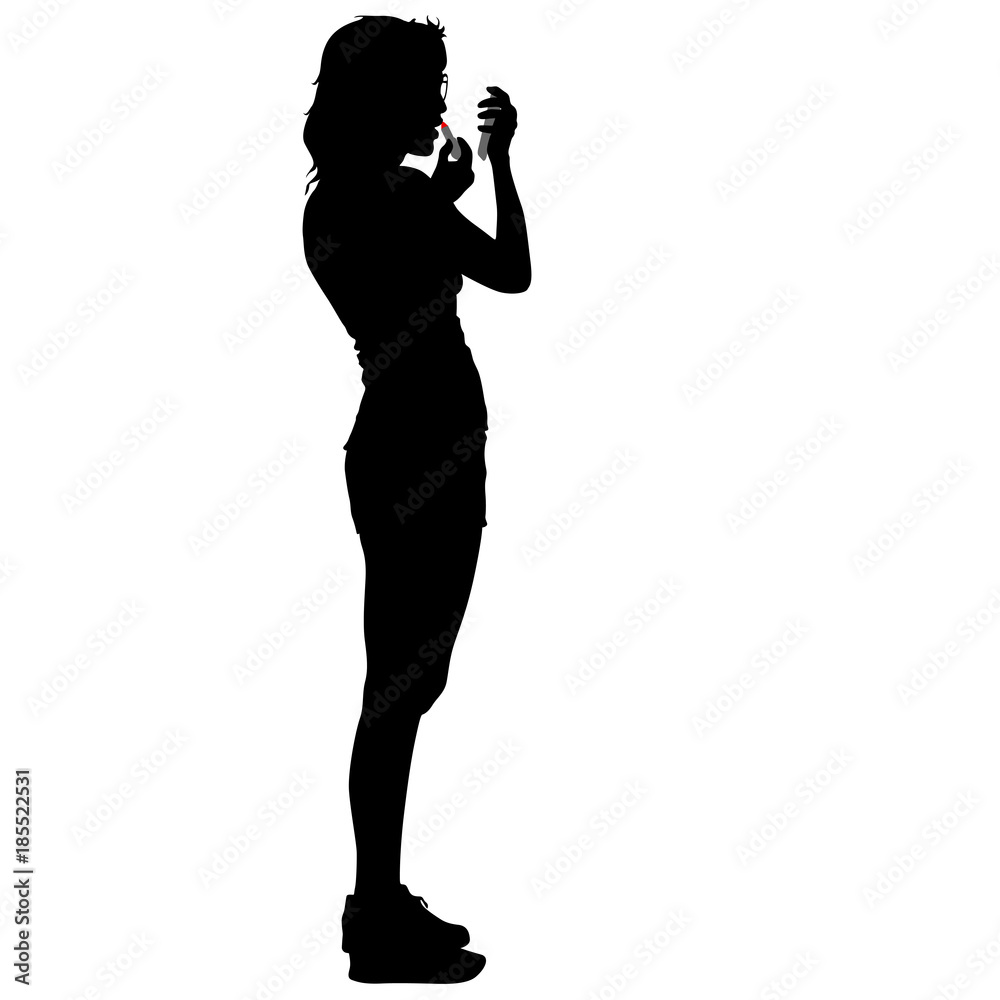 Black silhouette woman paint lipstick, people on white background