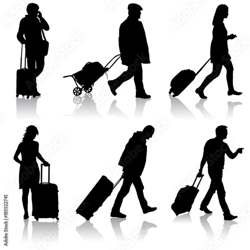 Black silhouettes travelers with suitcases on white background.