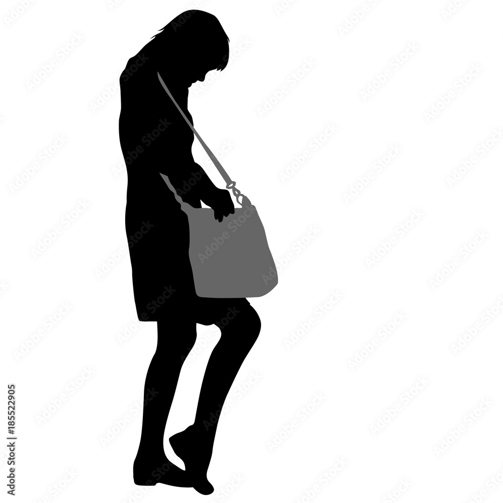 Black silhouette woman standing looking in a bag , people on white background Black silhouette woman standing looking in a bag , people on white background