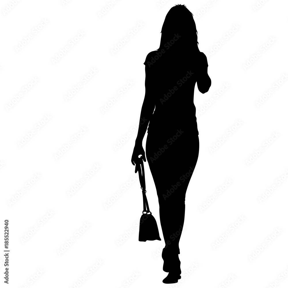 Black silhouette woman standing with a bag , people on white background Black silhouette woman standing with a bag , people on white background