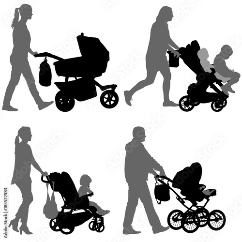 Set black silhouettes Family with pram on white background. Vector illustration