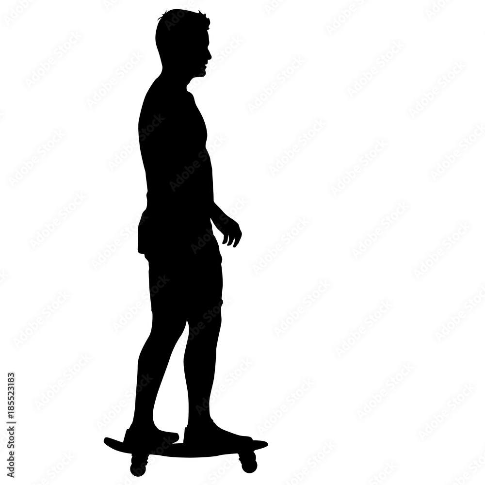 Silhouettes skateboarder performs jumping on a white background