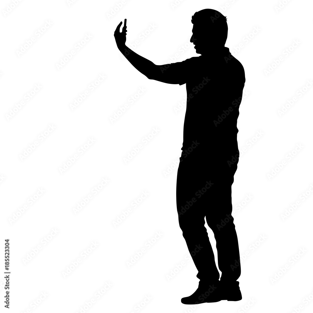 Silhouettes man taking selfie with smartphone on white background
