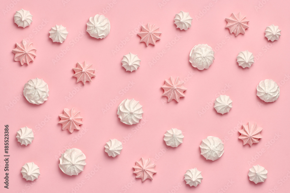 Meringue background. Candies Sweets. Flat lay. Wedding bride set. Birthday  Vanilla Pastel Color. Trendy fashion Style. Layout. Pink White meringue  Dessert. Minimal. Art Stock Photo | Adobe Stock