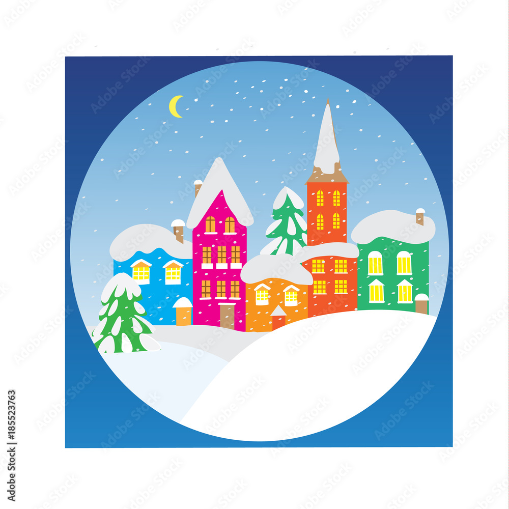 Winter landscape with small houses in a circle. A flat vector icon for the designer's work. Icon with winter contour houses.