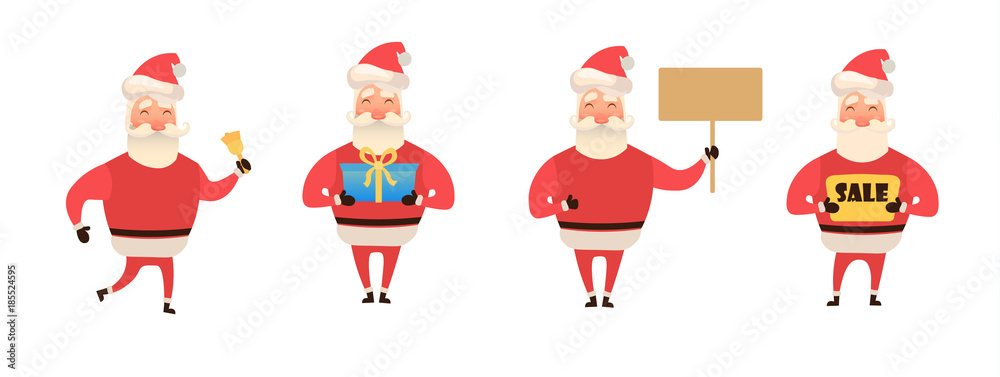 Fototapeta premium Set of cartoon Christmas illustrations isolated on white. Funny happy Santa Claus character with gift, bag with presents, waving and greeting. For Christmas cards, banners, tags and labels.