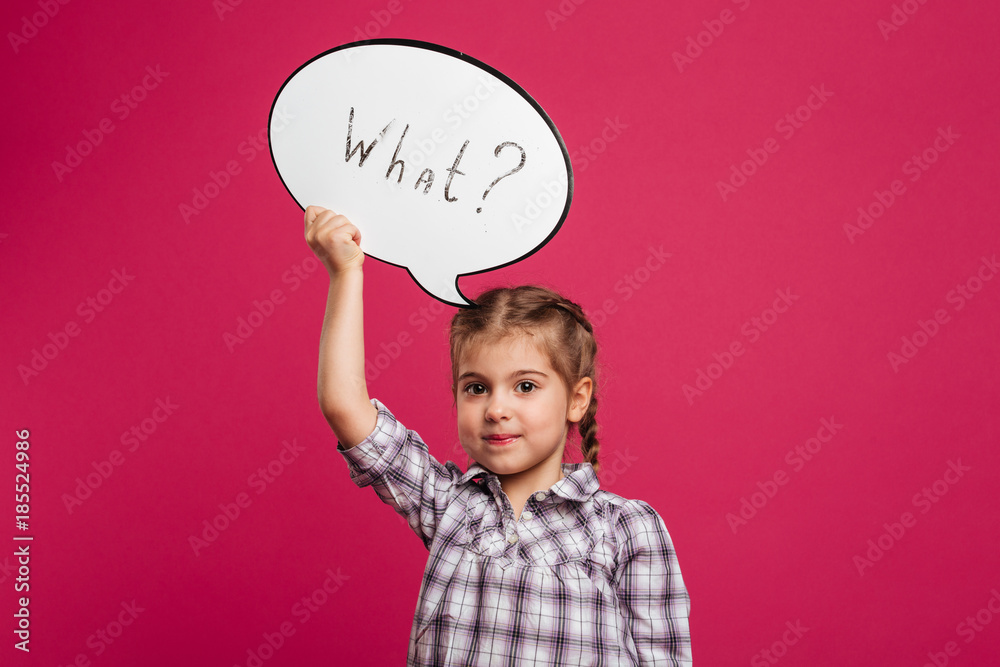 Pretty little girl child holding speech bubble. Pretty little girl child holding speech bubble.