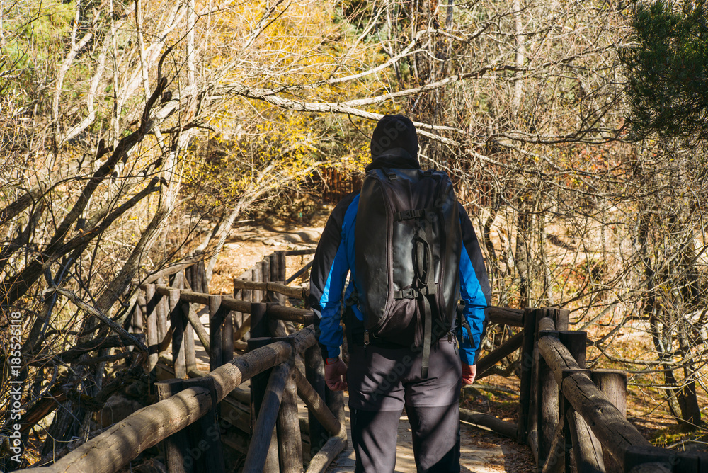 man walk wooden bridge man walk wooden bridge