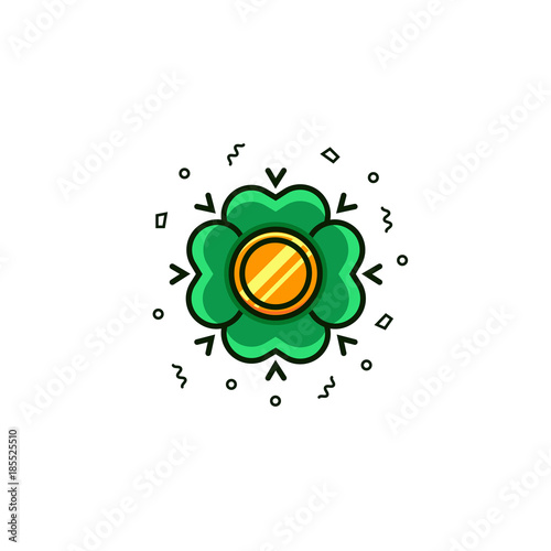 Shamrock with gold coin - flat color line icon on isolated white background. Clover and money vector illustration - symbol of ireland. Trefoil and coin - Saint Patrick's Day sign, element, concept.