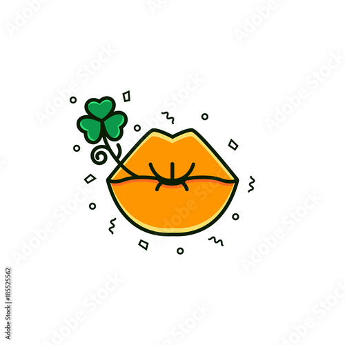 Kissing lips with shamrock symbol - flat color line icon, sign, emblem on isolated background. Woman blowing kiss with irish clover - template for Saint Patrick's Day celebration. Good luck concept.