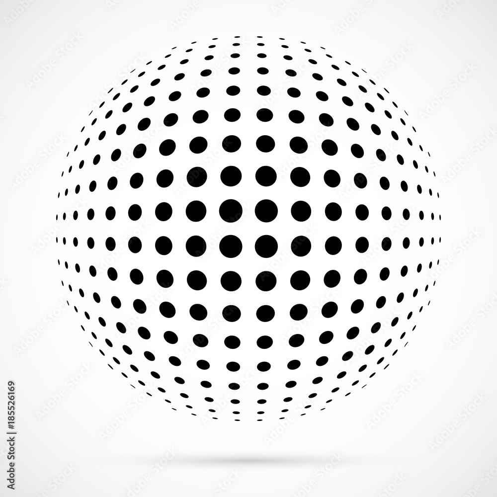 White 3D vector halftone sphere.Dotted spherical background.Logo template with shadow.Circle dots isolated on the white background. White 3D vector halftone sphere.Dotted spherical background.Logo template with shadow.Circle dots isolated on the white background.