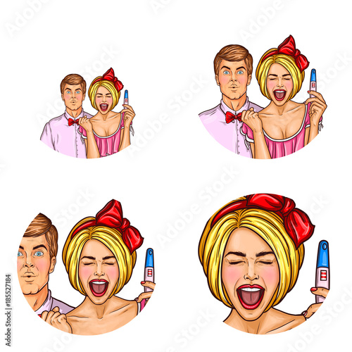 Vector set of round avatar icons for social network, blogs, forum, website in pop art style. Excited blonde girl holds positive pregnancy test in hand. Next to her stands shocked and surprised husband