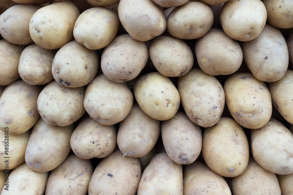 Fresh Organic Potatoes Stack on Market Stall Fresh Organic Potatoes Stack on Market Stall